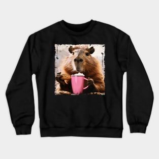 Funny Capybara Drink Coffee with Cookie Crewneck Sweatshirt